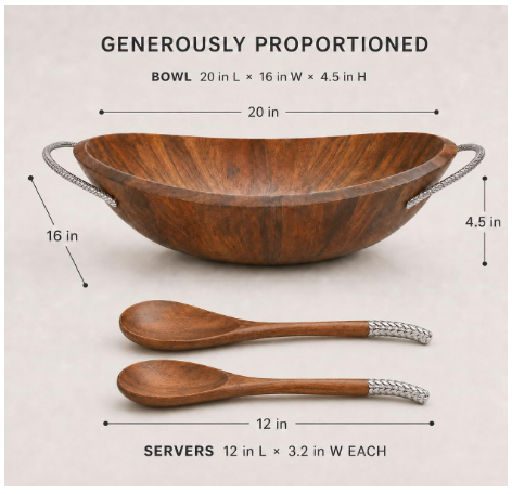 Nambe Braid Salad Bowl with Servers – Chrome & Acacia Wood, 3-Piece Set (20" x 16")