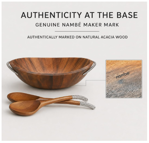 Nambe Braid Salad Bowl with Servers – Chrome & Acacia Wood, 3-Piece Set (20" x 16")
