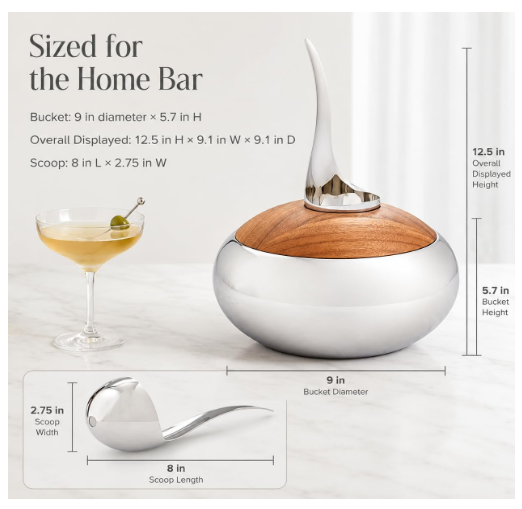 Nambe Scoop Insulated Ice Bucket with Lid & Ice Scoop | Stainless Steel | Bar Cart & Entertaining
