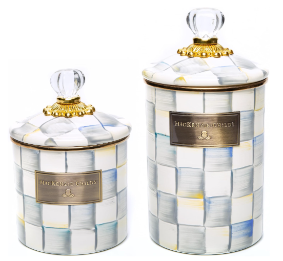 MACKENZIE-CHILDS Enamel Canister Bundle, Large & Small | Gray-and-White Sterling Check