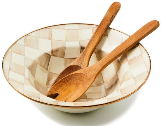 MACKENZIE-CHILDS Enamel Salad Serving Set | Brown-and-White Mocha Check