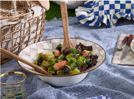 MACKENZIE-CHILDS Enamel Salad Serving Set | Brown-and-White Mocha Check