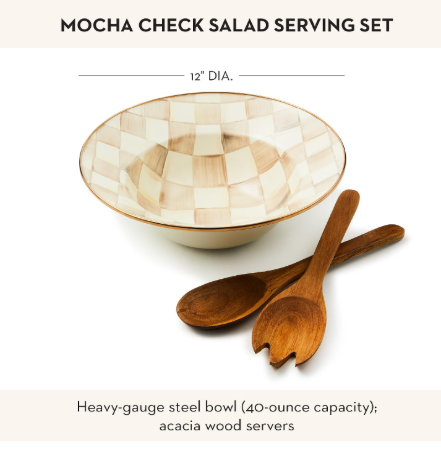 MACKENZIE-CHILDS Enamel Salad Serving Set | Brown-and-White Mocha Check