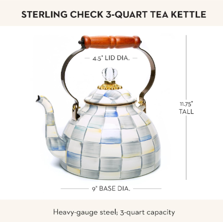 MACKENZIE-CHILDS Tea Kettle, 3 Quarts | Gray-and-White Sterling Check