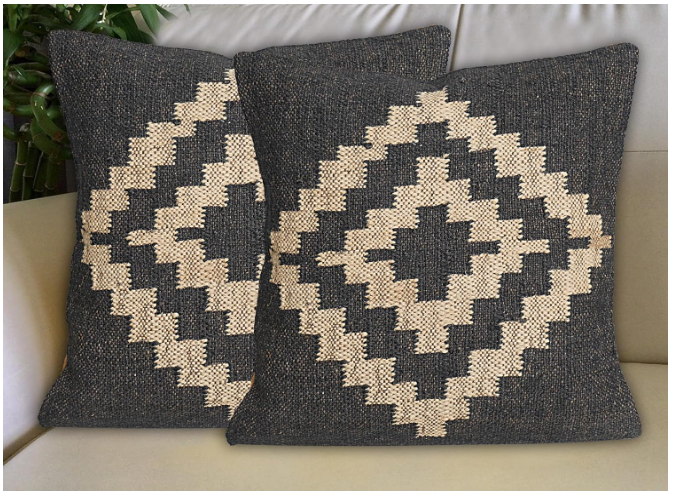 Radharani Arts Indian Handwoven Kilim Pillow Cover | Jute Wool Boho | Black | 18x18-Inch