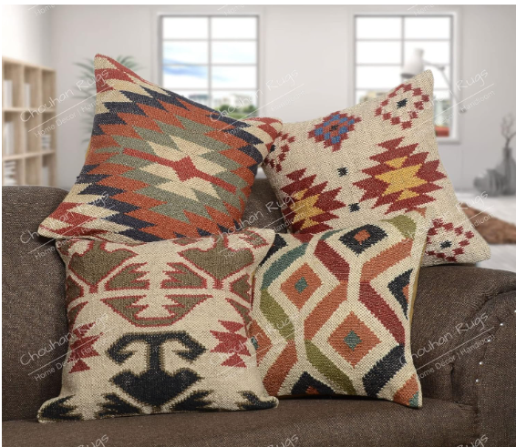 Chouhan Rugs 4-Piece Hand Woven Jute Kilim Cushion Cover Set | Indian Vintage Boho | 18x18-Inch (Pattern 1)