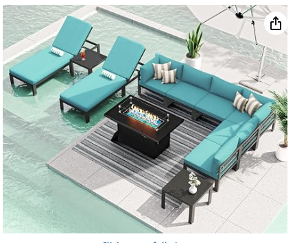 Outdoor Patio Set with Fire Pit | 11-Piece L-Shaped Sectional | RADIATA Aluminum Teal
