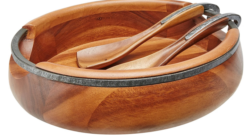 Nambe Anvil Acacia Wood Salad Bowl with Servers