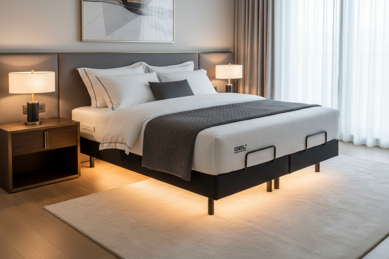 Sven & Son Harmony Queen Adjustable Bed Base in a luxury modern bedroom with zero gravity position and ambient under-bed lighting