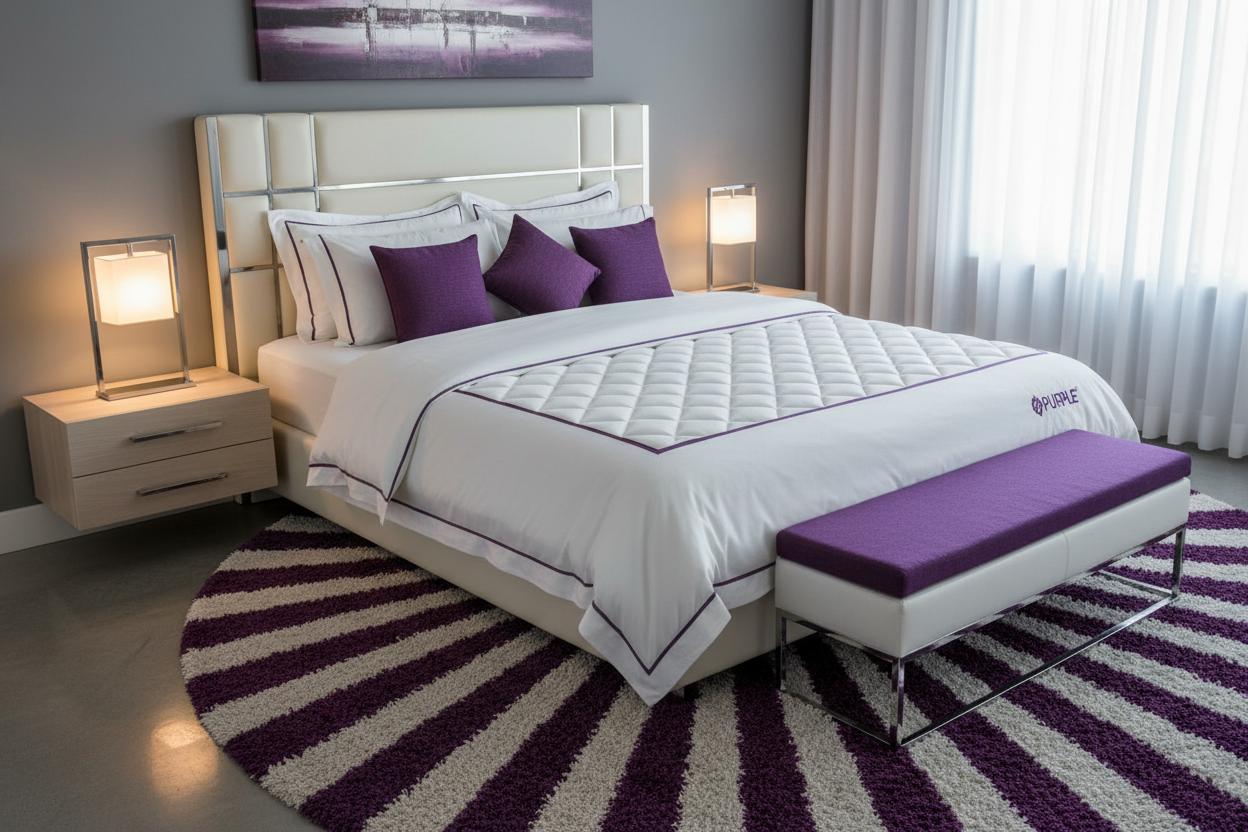 Purple Restore Soft Queen Mattress with purple and white luxury bedding in a modern bedroom