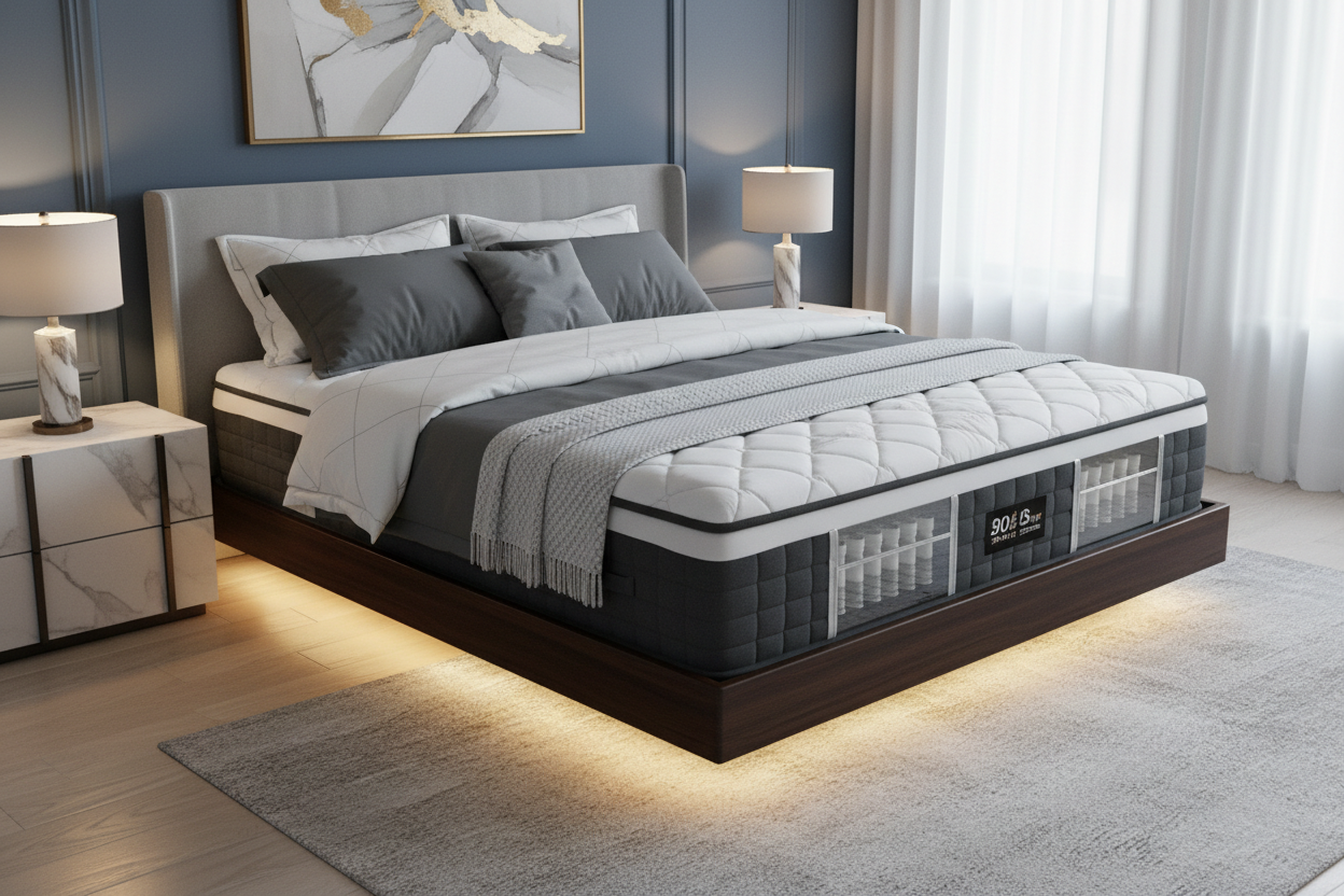 Sven & Son Platinum Adjustable Bed Frame with 14 inch Hybrid Spring Mattress in a modern luxury bedroom - Queen