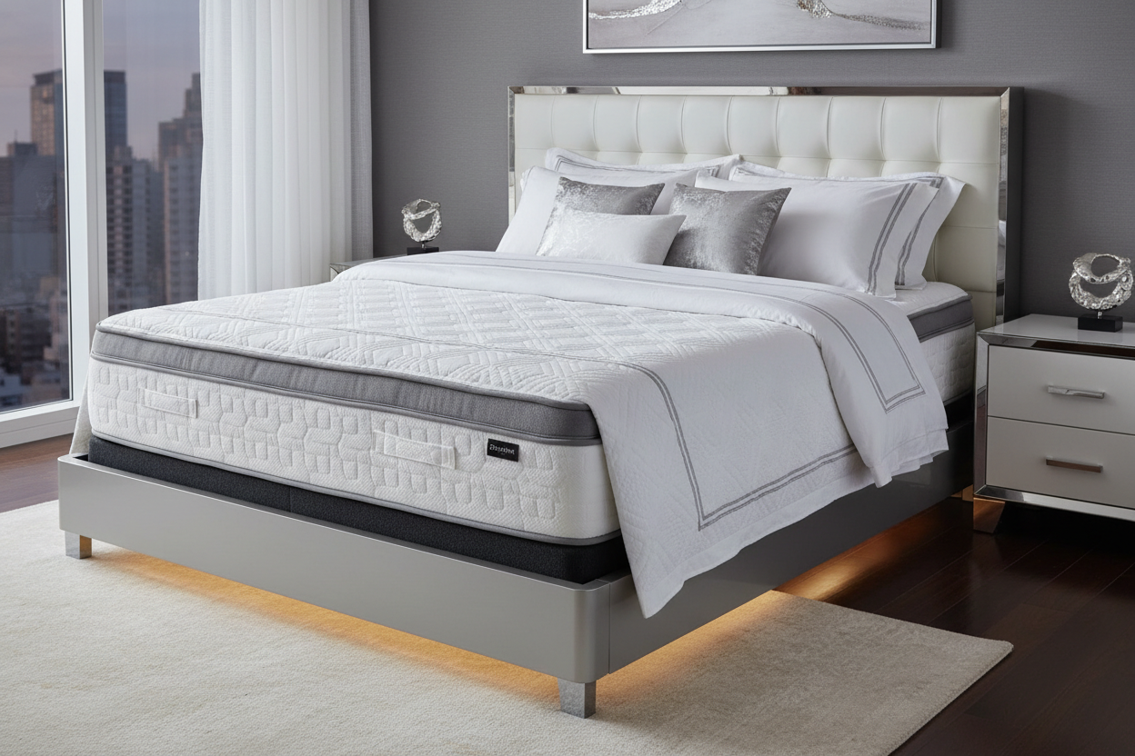 Sven & Son Platinum Adjustable Bed Frame with 14 inch Hybrid Spring Mattress in a luxury modern bedroom - Queen