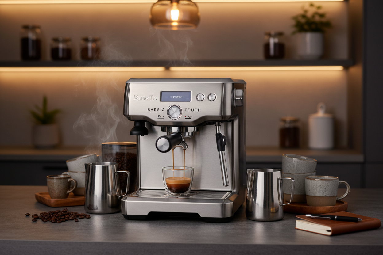 Breville BES880BSS Barista Touch Espresso Machine in brushed stainless steel on a modern kitchen counter